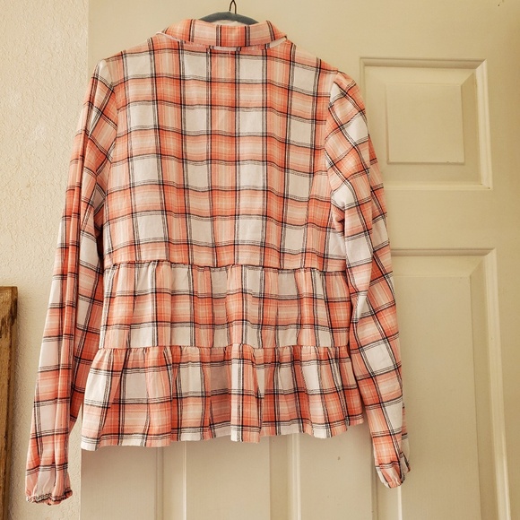 Blue Rain Pink Coral White Babydoll Peplum Style Button Down Long Sleeve Top MED - Picture 2 of 4